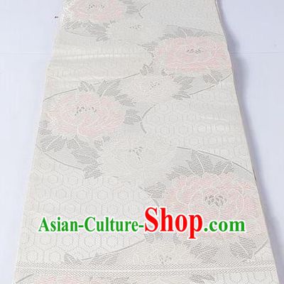 Asian Japanese Yukata Accessories Classical Peony Pattern White Brocade Belt Japan Traditional Kimono Waistband for Women