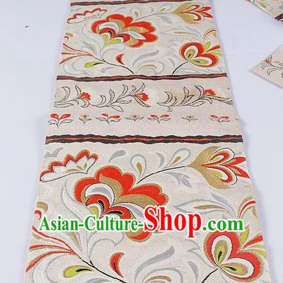 Asian Japanese Classical Cockscomb Pattern Beige Brocade Waistband Kimono Accessories Traditional Yukata Belt for Women