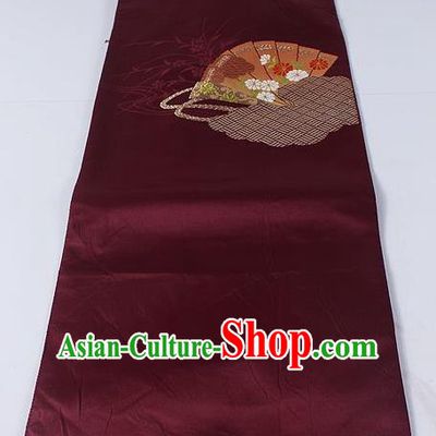Asian Japanese Classical Fan Pattern Wine Red Brocade Waistband Kimono Accessories Traditional Yukata Belt for Women