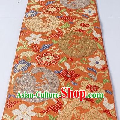 Asian Japanese Yukata Accessories Classical Phoenix Pattern Orange Brocade Belt Japan Traditional Kimono Waistband for Women