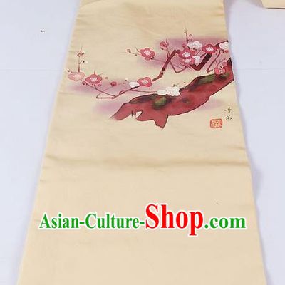 Asian Japanese Classical Plum Blossom Pattern Beige Brocade Waistband Kimono Accessories Traditional Yukata Belt for Women