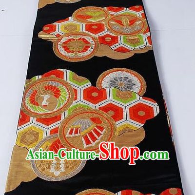 Asian Japanese Yukata Accessories Classical Pattern Black Brocade Belt Japan Traditional Kimono Waistband for Women