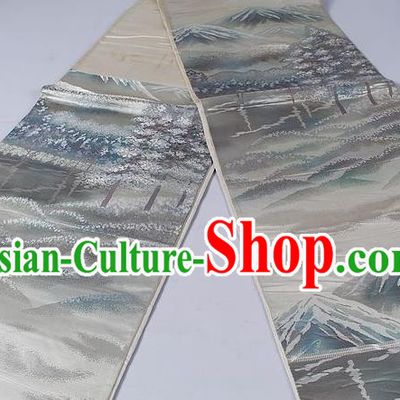 Asian Japanese Classical Landscape Pattern Grey Brocade Waistband Kimono Accessories Traditional Yukata Belt for Women