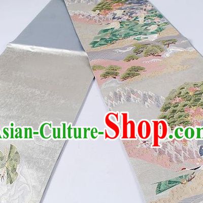 Asian Japanese Classical Pine Pattern Grey Brocade Waistband Kimono Accessories Traditional Yukata Belt for Women