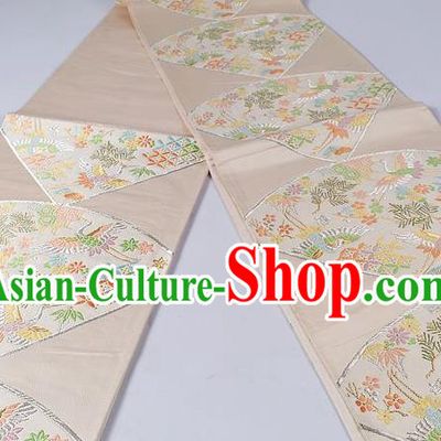Asian Japanese Classical Plum Crane Pattern Beige Brocade Waistband Kimono Accessories Traditional Yukata Belt for Women