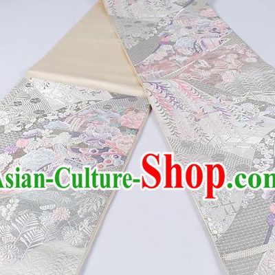 Asian Japanese Classical Peony Pattern Argent Brocade Waistband Kimono Accessories Traditional Yukata Belt for Women