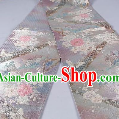 Asian Japanese Classical Peony Pattern Grey Brocade Waistband Kimono Accessories Traditional Yukata Belt for Women