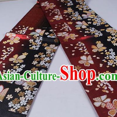 Asian Japanese Classical Sakura Pattern Purplish Red Brocade Waistband Kimono Accessories Traditional Yukata Belt for Women