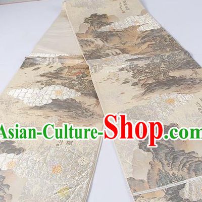 Asian Japanese Classical Landscape Pattern Khaki Brocade Waistband Kimono Accessories Traditional Yukata Belt for Women