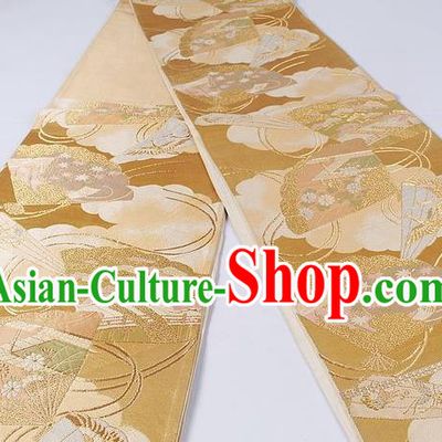 Asian Japanese Classical Maple Leaf Fan Pattern Golden Brocade Waistband Kimono Accessories Traditional Yukata Belt for Women