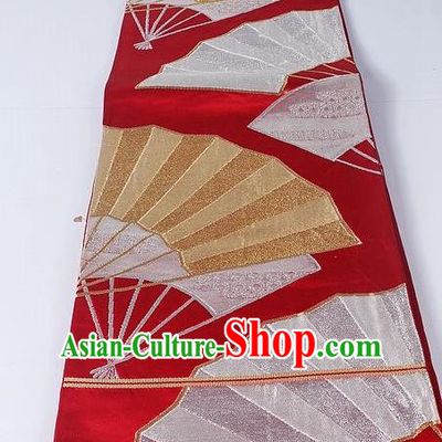 Asian Japanese Yukata Accessories Classical Fan Pattern Wine Red Brocade Belt Japan Traditional Kimono Waistband for Women