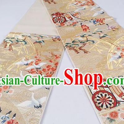 Asian Japanese Classical Crane Plum Pattern Golden Brocade Waistband Kimono Accessories Traditional Yukata Belt for Women