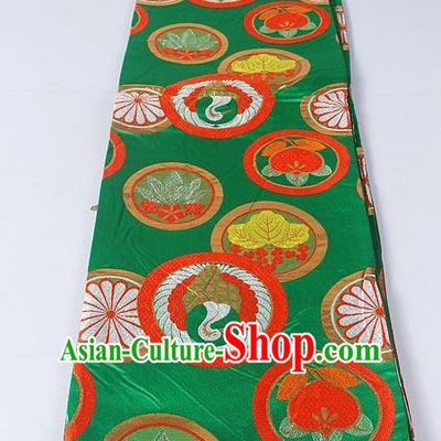 Asian Japanese Yukata Accessories Classical Crane Chrysanthemum Pattern Green Brocade Belt Japan Traditional Kimono Waistband for Women