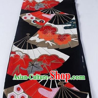 Asian Japanese Yukata Accessories Classical Fan Pattern Black Brocade Belt Japan Traditional Kimono Waistband for Women