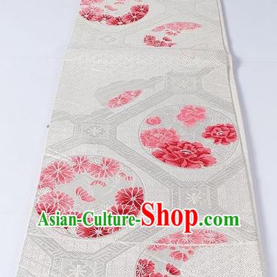 Asian Japanese Yukata Accessories Classical Peony Chrysanthemum Pattern White Brocade Belt Japan Traditional Kimono Waistband for Women