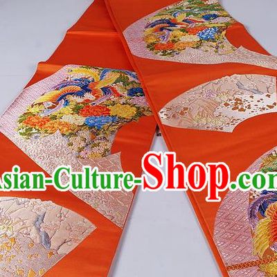Asian Japanese Classical Phoenix Peony Pattern Orange Brocade Waistband Kimono Accessories Traditional Yukata Belt for Women