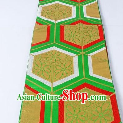 Asian Japanese Yukata Accessories Classical Hexagon Pattern Green Brocade Belt Japan Traditional Kimono Waistband for Women