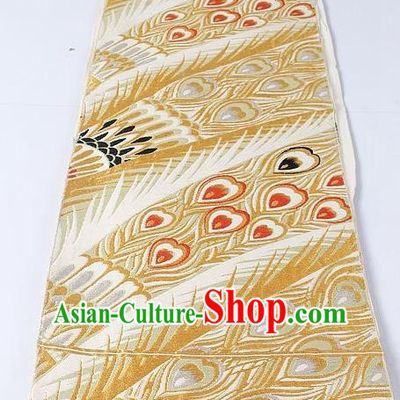 Asian Japanese Yukata Accessories Classical Feather Pattern Golden Brocade Belt Japan Traditional Kimono Waistband for Women