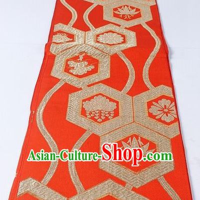 Asian Japanese Yukata Accessories Classical Hexagon Pattern Red Brocade Belt Japan Traditional Kimono Waistband for Women