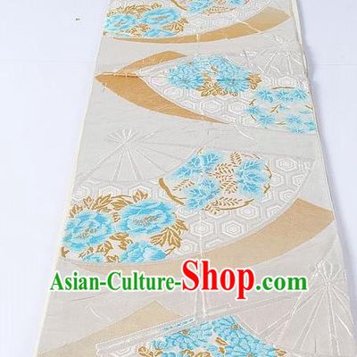 Asian Japanese Yukata Accessories Classical Peony Chrysanthemum Pattern White Brocade Belt Japan Traditional Kimono Waistband for Women