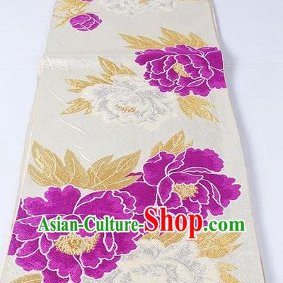 Asian Japanese Yukata Accessories Classical Purple Peony Pattern Brocade Belt Japan Traditional Kimono Waistband for Women
