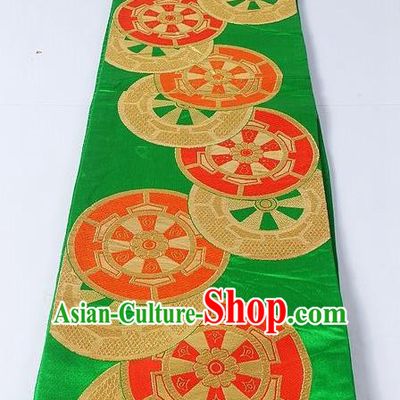 Asian Japanese Yukata Accessories Classical Wheel Pattern Green Brocade Belt Japan Traditional Kimono Waistband for Women