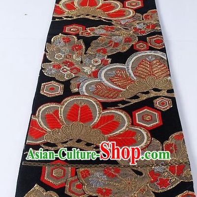 Asian Japanese Yukata Accessories Classical Maple Leaf Pattern Black Brocade Belt Japan Traditional Kimono Waistband for Women