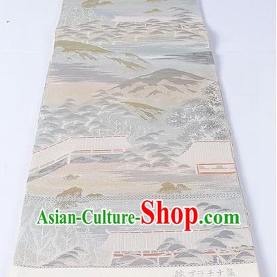 Asian Japanese Yukata Accessories Classical Landscape Pattern White Brocade Belt Japan Traditional Kimono Waistband for Women