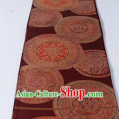 Asian Japanese Yukata Accessories Classical Hibiscus Pattern Wine Red Brocade Belt Japan Traditional Kimono Waistband for Women