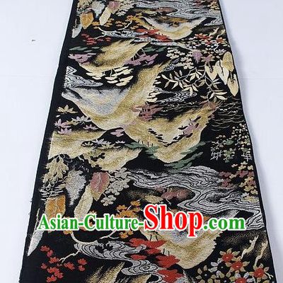 Asian Japanese Yukata Accessories Classical Maple Leaf Mount Pattern Black Brocade Belt Japan Traditional Kimono Waistband for Women