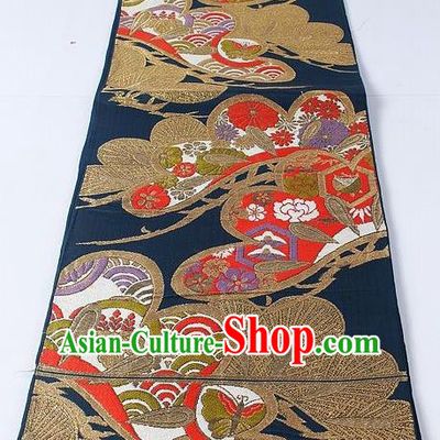 Asian Japanese Yukata Accessories Classical Pattern Navy Brocade Belt Japan Traditional Kimono Waistband for Women
