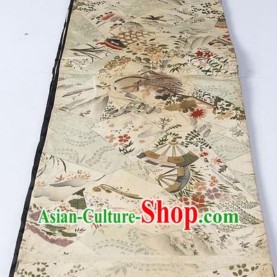Asian Japanese Yukata Accessories Classical Wheel Pattern Beige Brocade Belt Japan Traditional Kimono Waistband for Women