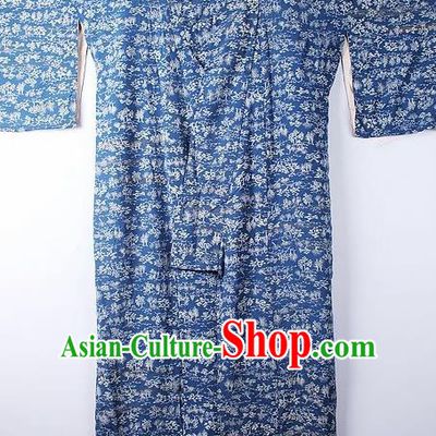 Asian Japanese Ceremony Clothing Classical Primrose Pattern Blue Kimono Traditional Japan National Yukata Costume for Men
