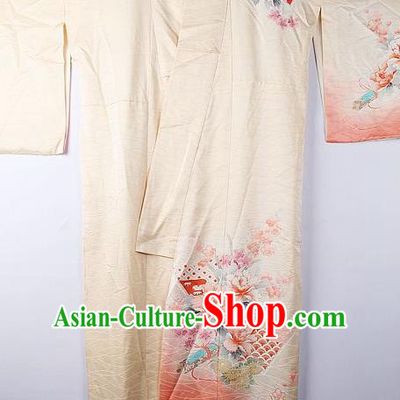 Asian Japanese National Printing Peony Champagne Furisode Kimono Ceremony Costume Traditional Japan Yukata Dress for Women