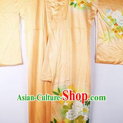 Asian Japanese National Printing Camellia Orange Furisode Kimono Ceremony Costume Traditional Japan Yukata Dress for Women