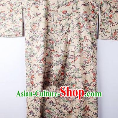Asian Japanese National Printing Maple Leaf Khaki Furisode Kimono Ceremony Costume Traditional Japan Yukata Dress for Women
