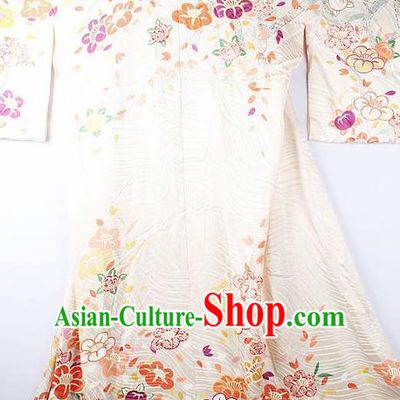 Asian Japanese National Printing Cherry Blossom White Furisode Kimono Ceremony Costume Traditional Japan Yukata Dress for Women