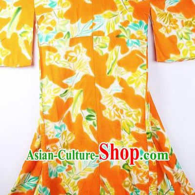 Asian Japanese National Printing Orange Iromuji Furisode Kimono Ceremony Costume Traditional Japan Yukata Dress for Women