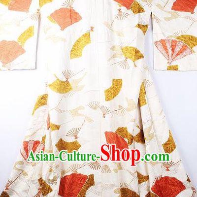 Asian Japanese National Printing Fan White Furisode Kimono Ceremony Costume Traditional Japan Yukata Dress for Women