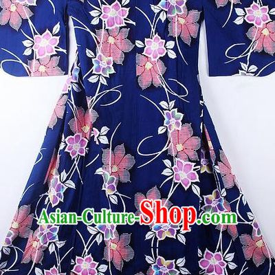 Asian Japanese Printing Lotus Royalblue Furisode Kimono Ceremony Costume Traditional Japan Yukata Dress for Women
