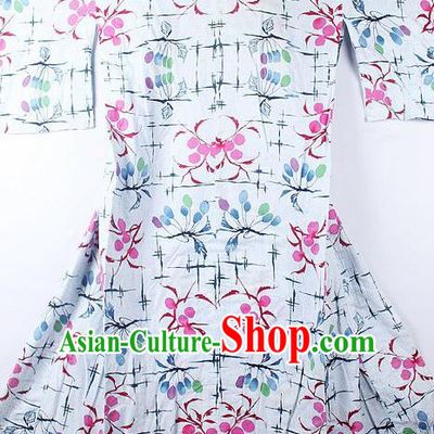 Asian Japanese Printing Cherry White Furisode Kimono Ceremony Costume Traditional Japan Yukata Dress for Women