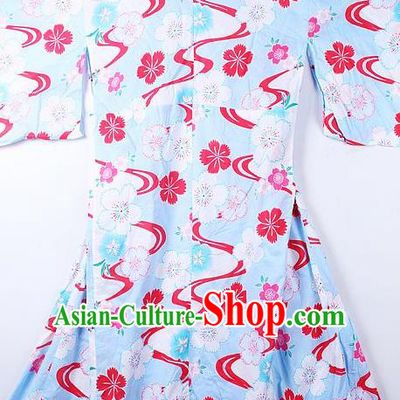 Asian Japanese Sakura Pattern Blue Furisode Kimono Ceremony Costume Traditional Japan Yukata Dress for Women