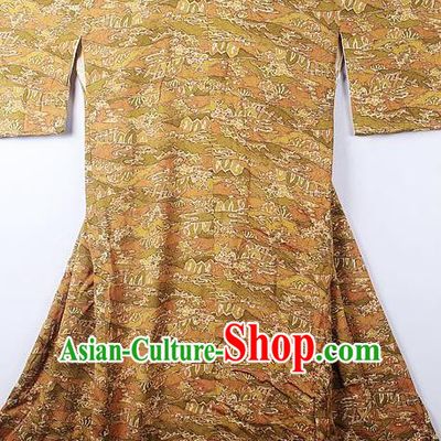 Asian Japanese Classical Pattern Yellow Furisode Kimono Ceremony Costume Traditional Japan Yukata Dress for Women