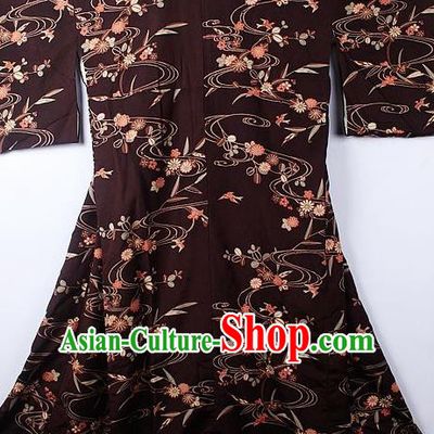 Asian Japanese Classical Flow Daisy Pattern Brown Furisode Kimono Ceremony Costume Traditional Japan Yukata Dress for Women