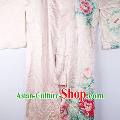 Asian Japanese National Iromuji Printing Peony Pink Furisode Kimono Ceremony Costume Traditional Japan Yukata Dress for Women