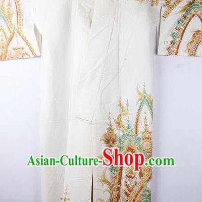Asian Japanese National Iromuji Printing White Furisode Kimono Ceremony Costume Traditional Japan Yukata Dress for Women