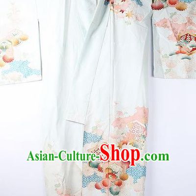 Asian Japanese National Iromuji Printing Daisy Light Blue Furisode Kimono Ceremony Costume Traditional Japan Yukata Dress for Women
