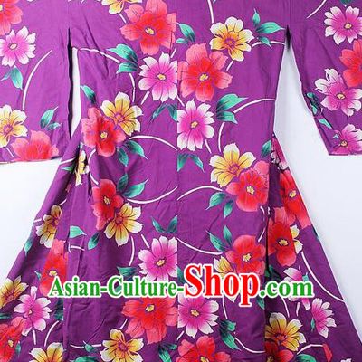Asian Japanese Classical Hibiscus Pattern Purple Furisode Kimono Ceremony Costume Traditional Japan Yukata Dress for Women