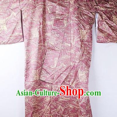 Asian Japanese National Iromuji Printing Wine Red Furisode Kimono Ceremony Costume Traditional Japan Yukata Dress for Women
