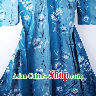 Asian Japanese Classical Lily Flowers Pattern Blue Yukata Traditional Japan Kimono Costume for Men